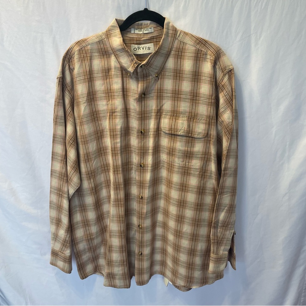Orvis Vintage Linen/cotton XL Long Sleeve‎ Button Down Plaid Shirt Southwest